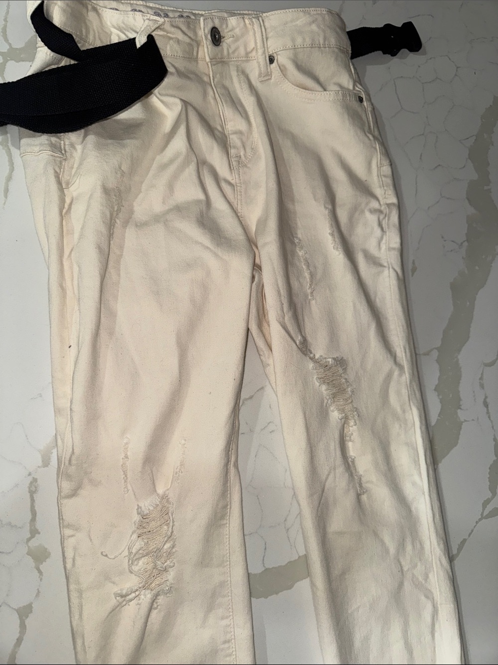 Cream Distressed Straight-Leg Jeans